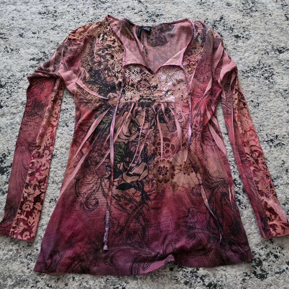 Y2k New Directions Floral Boho Jewled Blouse Womens S Crushed Velvet Detailing